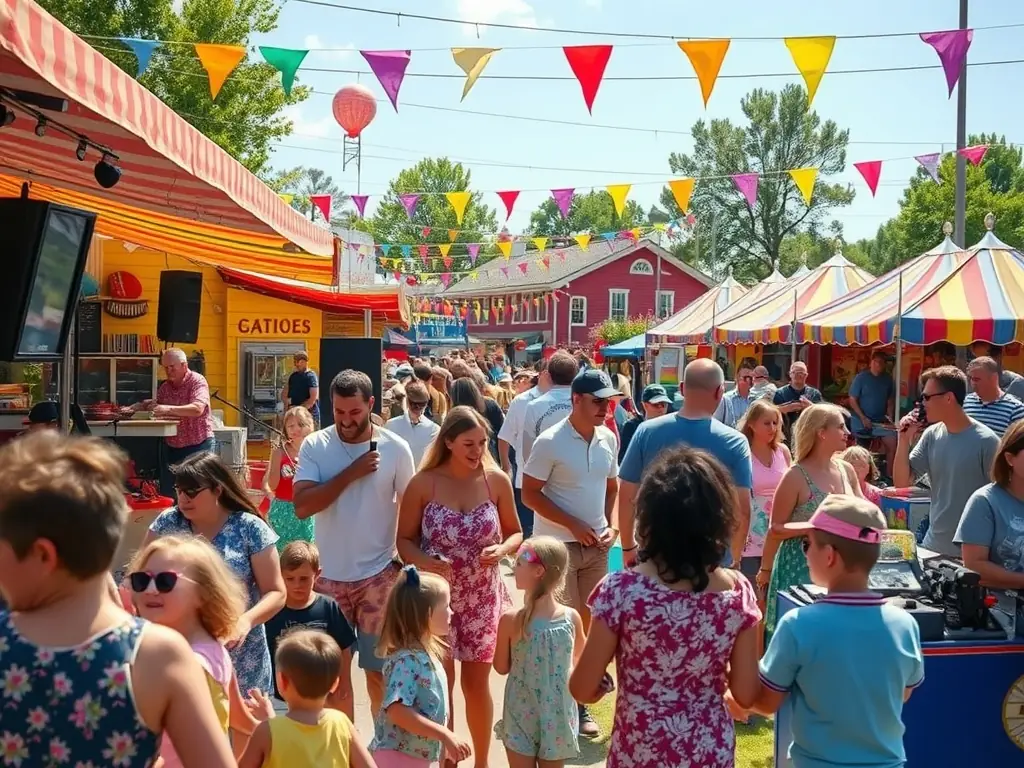 A vibrant scene from a VIVRE EN BORDERIES cultural festival, featuring local music, food, and crafts, with people of all ages enjoying the festivities.