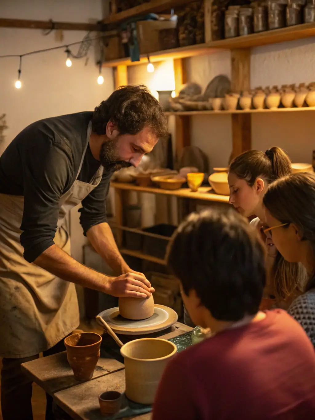 A group of artisans demonstrating traditional crafting techniques at a VIVRE EN BORDERIES workshop, with participants actively engaged in learning.