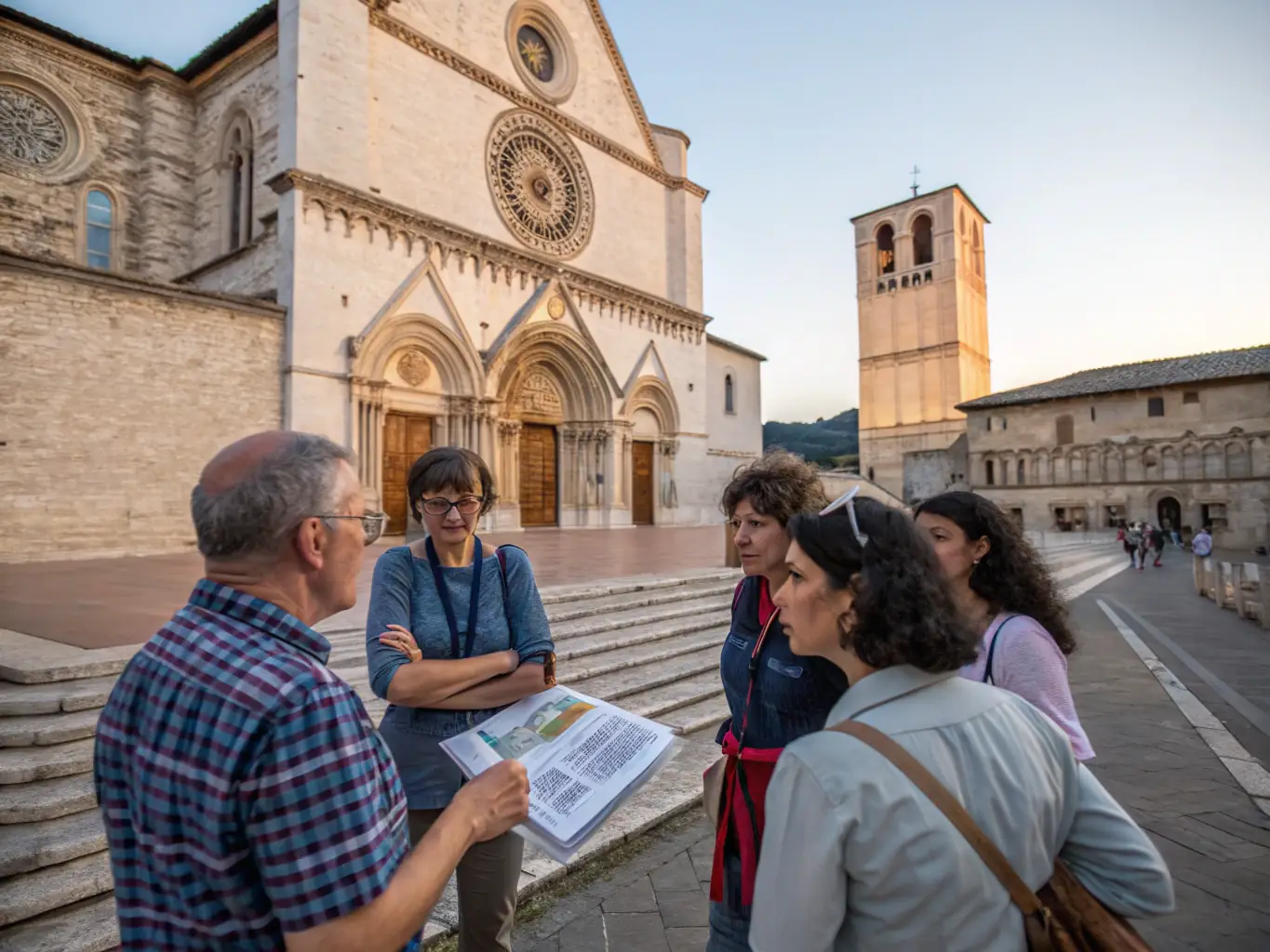 A group of people participating in a guided tour of a historical building in Saint-Sulpice-de-Cognac, France, with a knowledgeable guide pointing out architectural details.