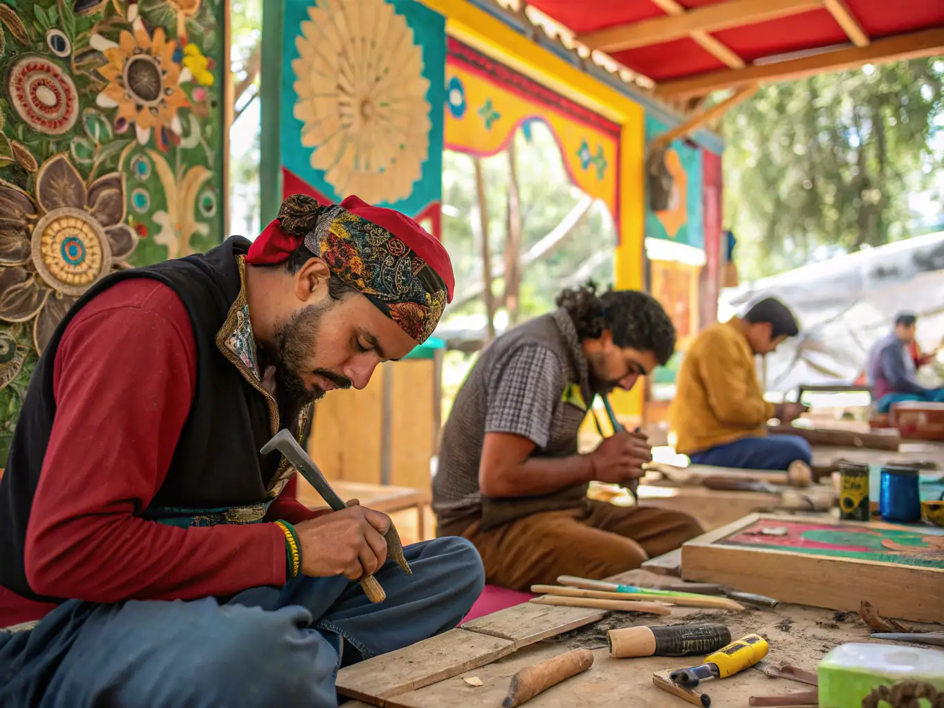 A photograph of artisans demonstrating traditional crafting techniques at a VIVRE EN BORDERIES workshop, showcasing their skills and engaging with participants.